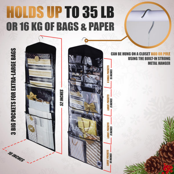 ProPik Hanging Double Sided Gift Bag Storage Organizer with Multiple Front  and Back Pockets - Organize Your Gift Wrap, Tissue Paper, and Paper Bags 38